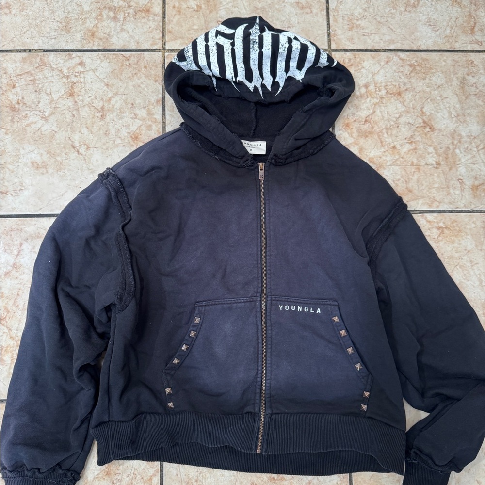 YoungLA Black Zip Hoodie with Studded Pockets and Printed Hood